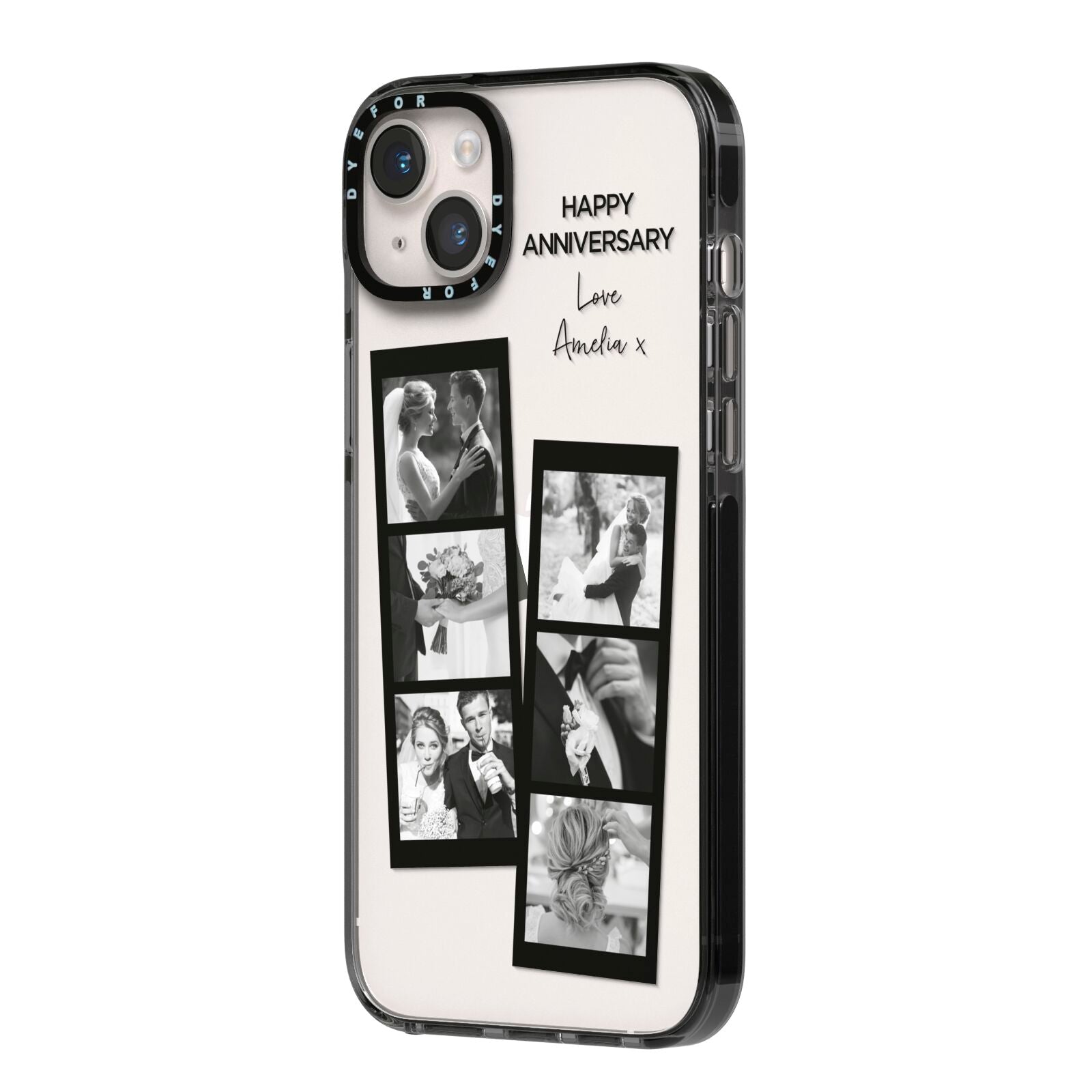 Monochrome Anniversary Photo Strip with Name iPhone 14 Plus Black Impact Case Side Angle on Silver phone