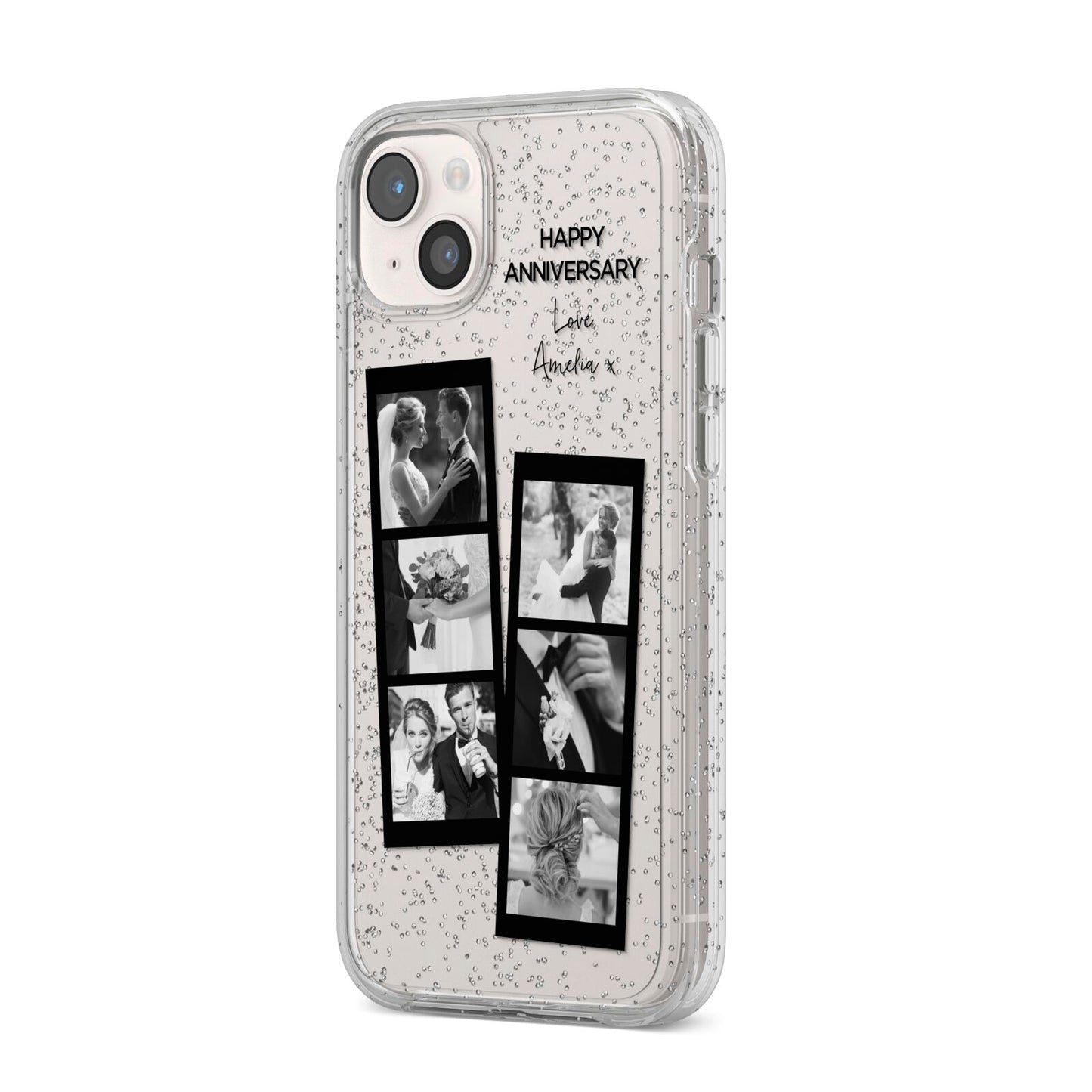 Monochrome Anniversary Photo Strip with Name iPhone 14 Plus Glitter Tough Case Starlight Angled Image