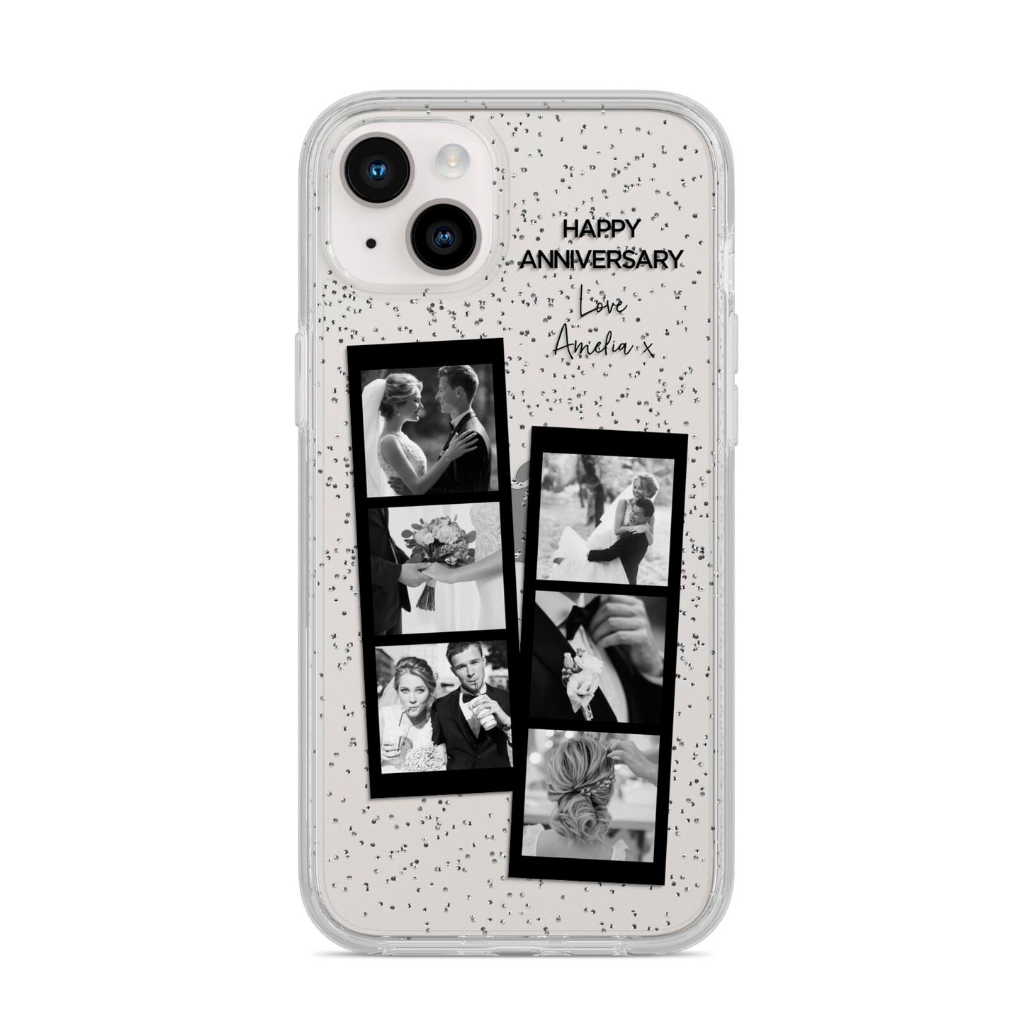 Monochrome Anniversary Photo Strip with Name iPhone 14 Plus Glitter Tough Case Starlight