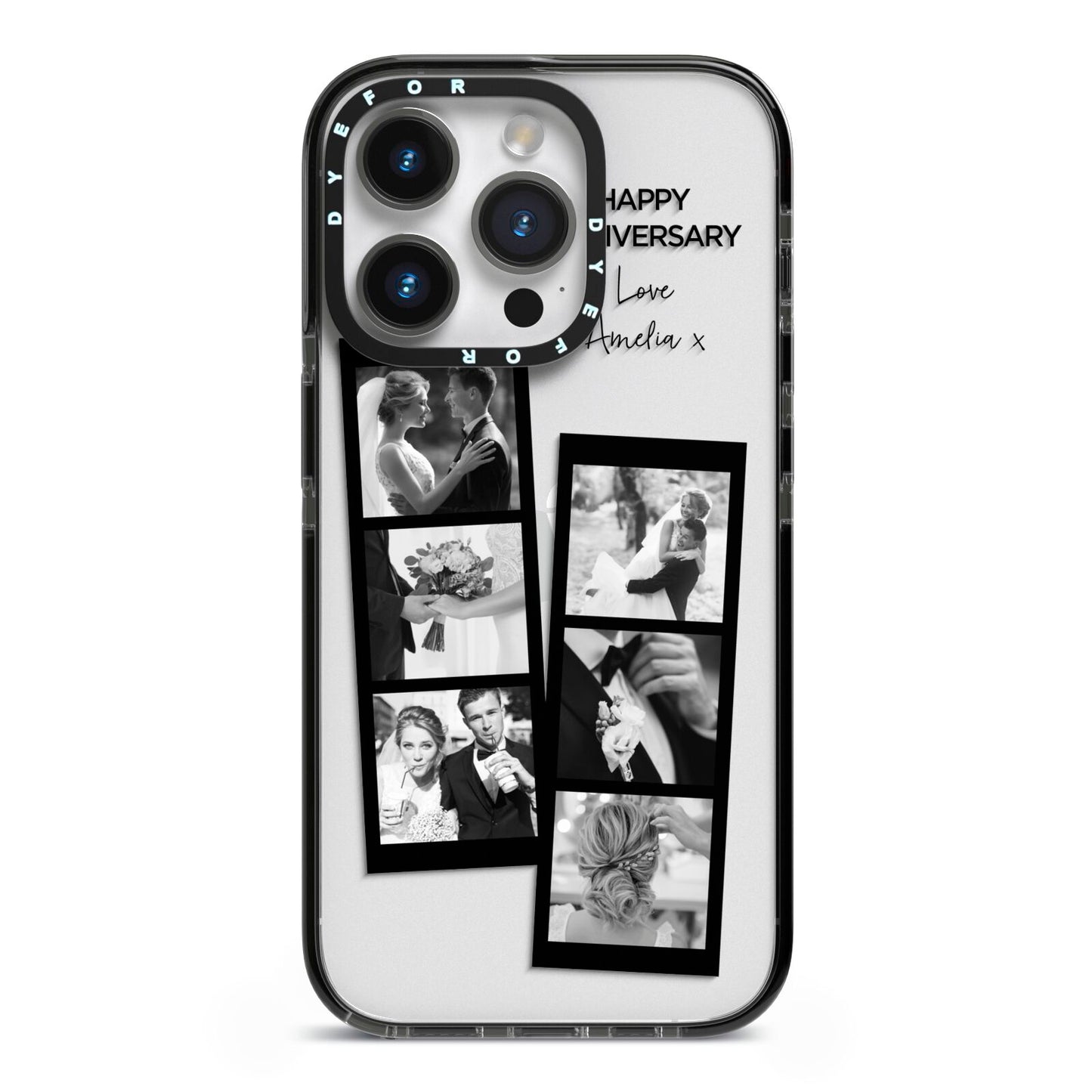 Monochrome Anniversary Photo Strip with Name iPhone 14 Pro Black Impact Case on Silver phone