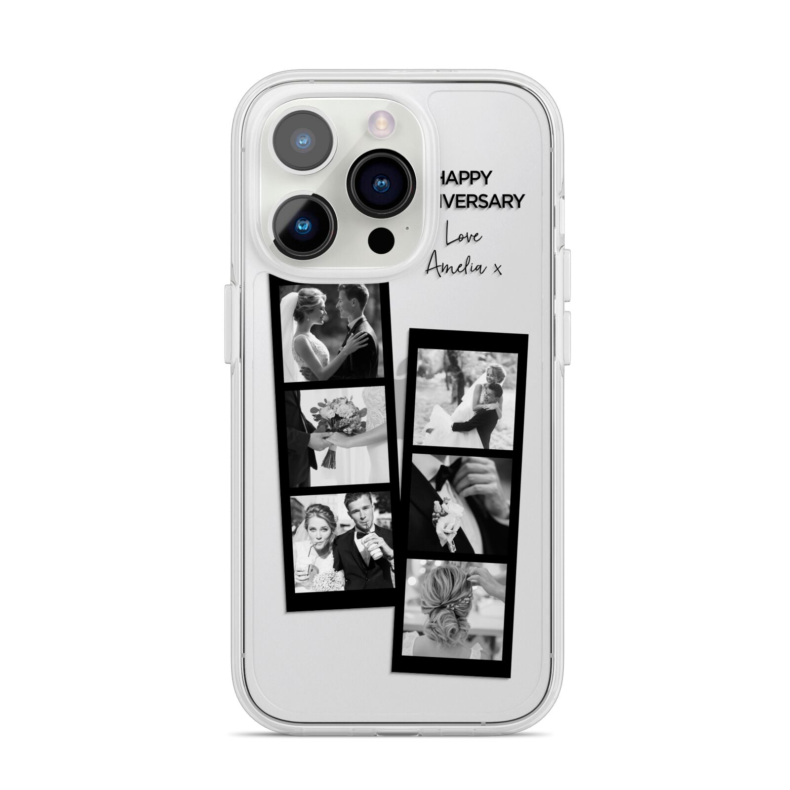 Monochrome Anniversary Photo Strip with Name iPhone 14 Pro Clear Tough Case Silver