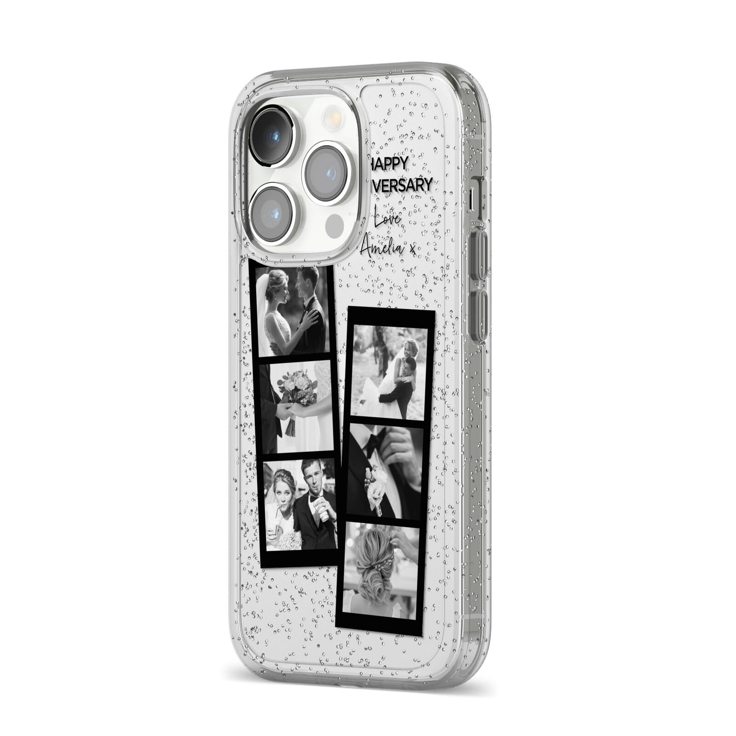 Monochrome Anniversary Photo Strip with Name iPhone 14 Pro Glitter Tough Case Silver Angled Image