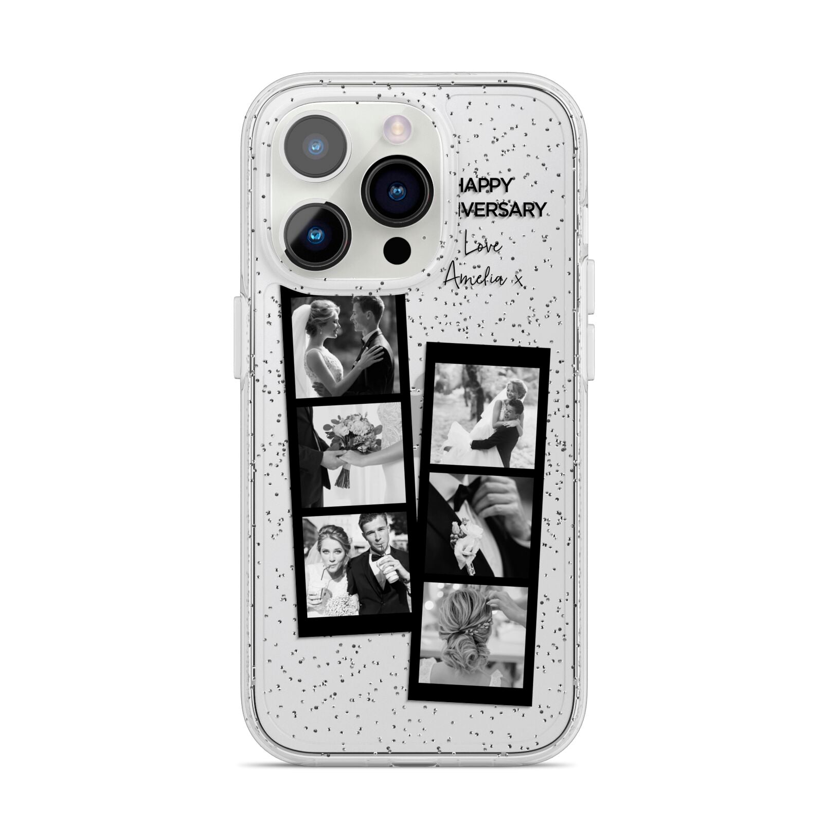 Monochrome Anniversary Photo Strip with Name iPhone 14 Pro Glitter Tough Case Silver