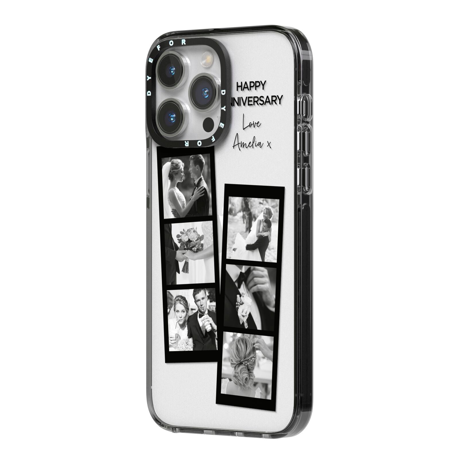 Monochrome Anniversary Photo Strip with Name iPhone 14 Pro Max Black Impact Case Side Angle on Silver phone