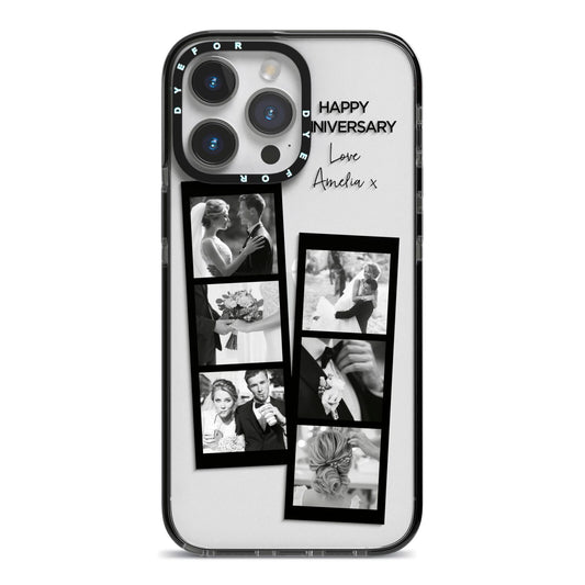 Monochrome Anniversary Photo Strip with Name iPhone 14 Pro Max Black Impact Case on Silver phone
