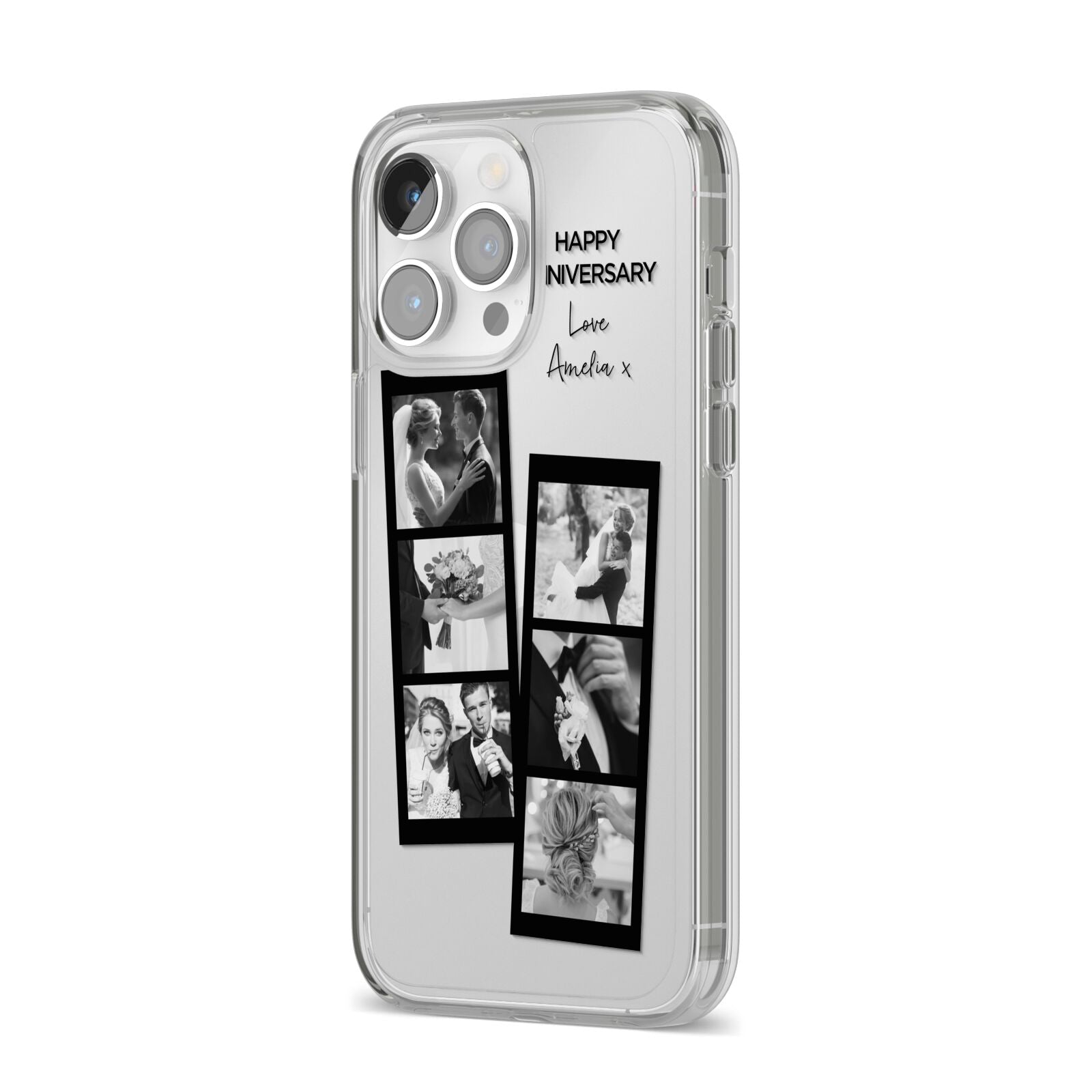 Monochrome Anniversary Photo Strip with Name iPhone 14 Pro Max Clear Tough Case Silver Angled Image