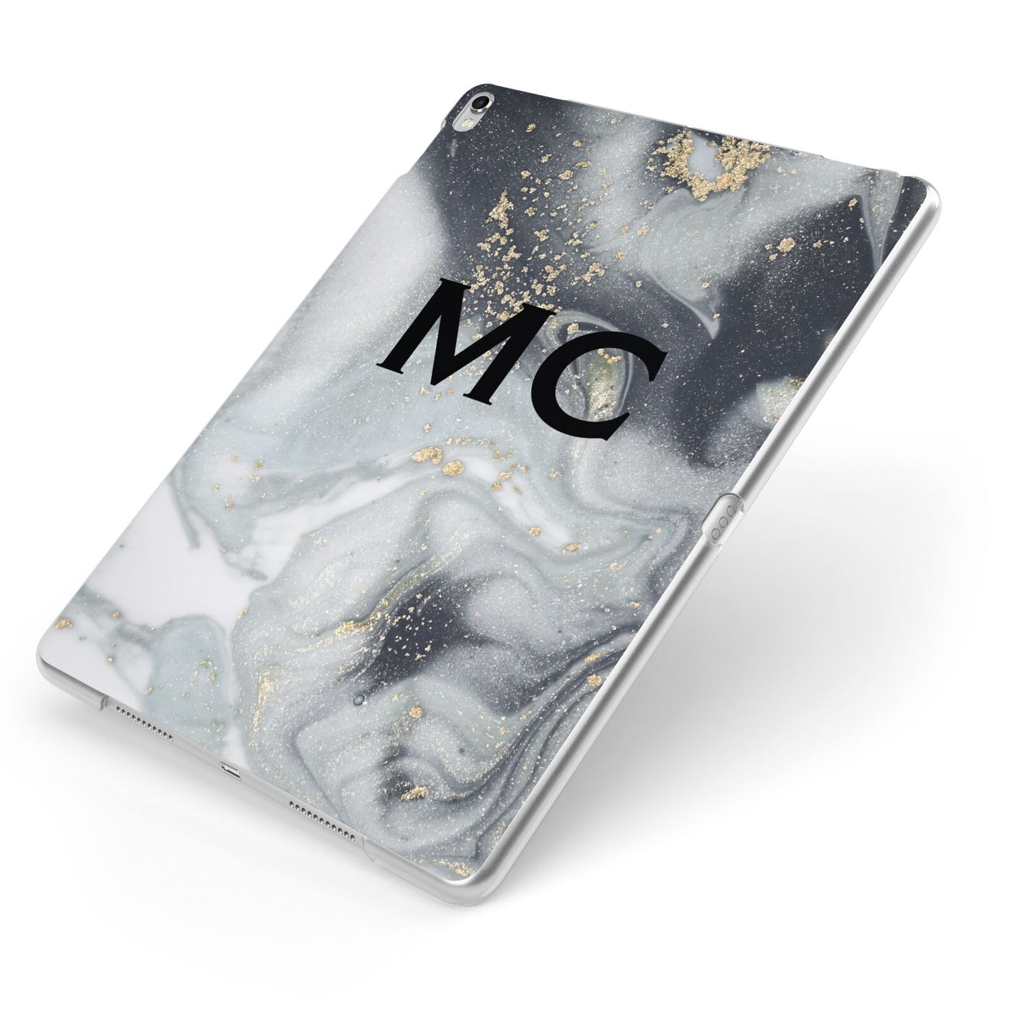 Monogram Black White Swirl Marble Apple iPad Case on Silver iPad Side View
