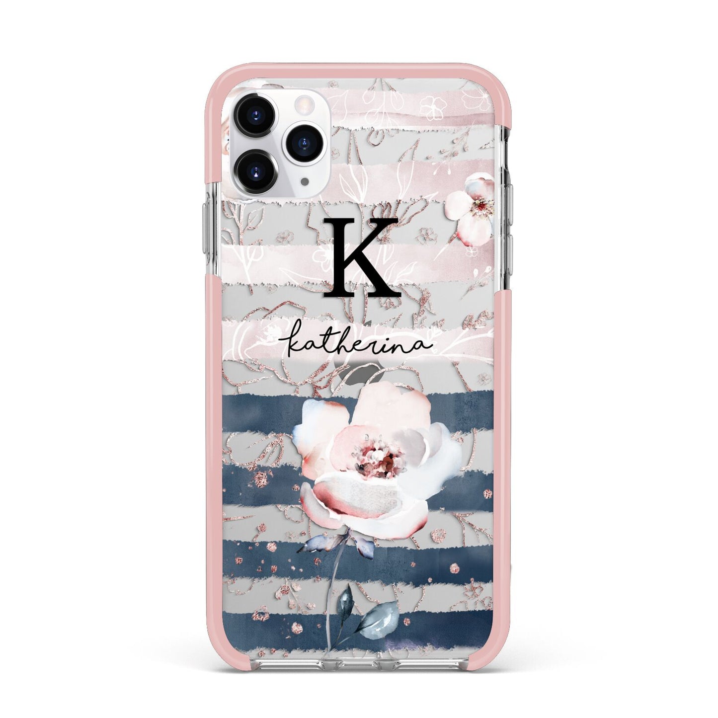 Monogram Pink Blue Striped Watercolour iPhone 11 Pro Max Impact Pink Edge Case