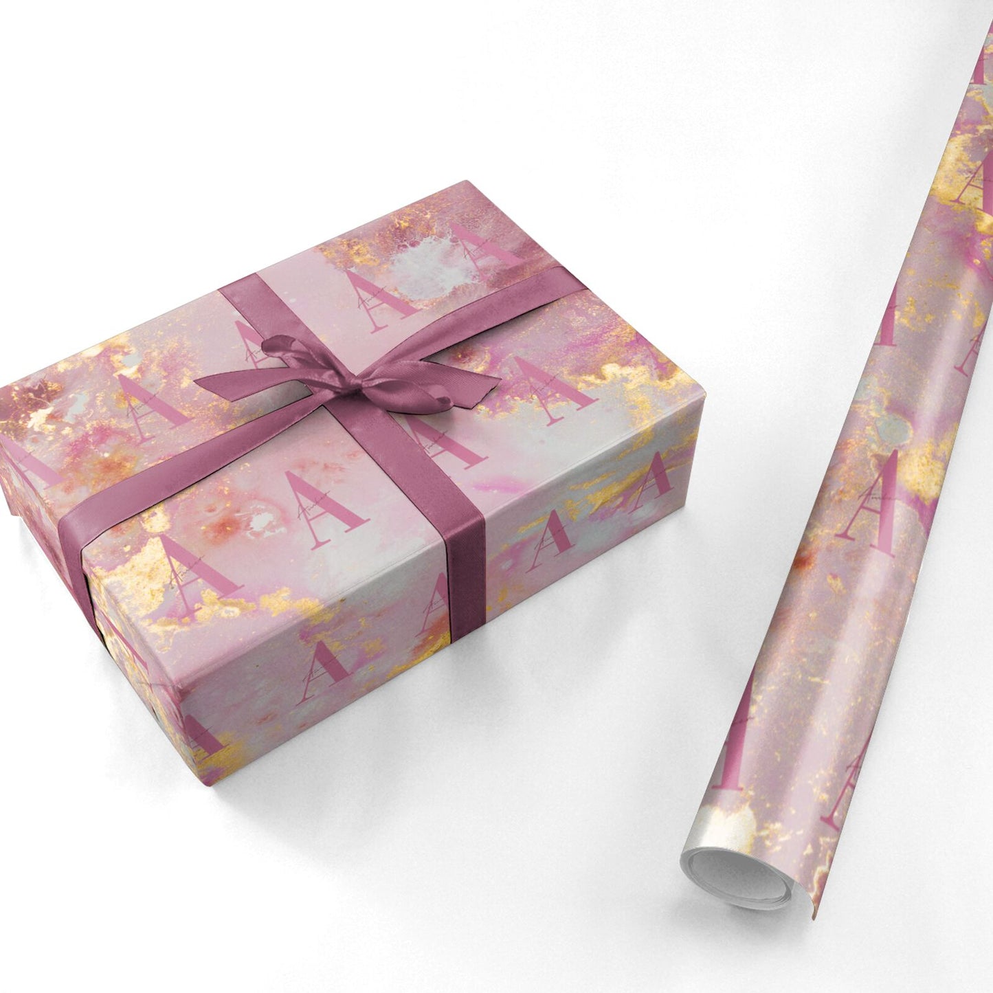 Monogrammed Pink Gold Marble Personalised Wrapping Paper