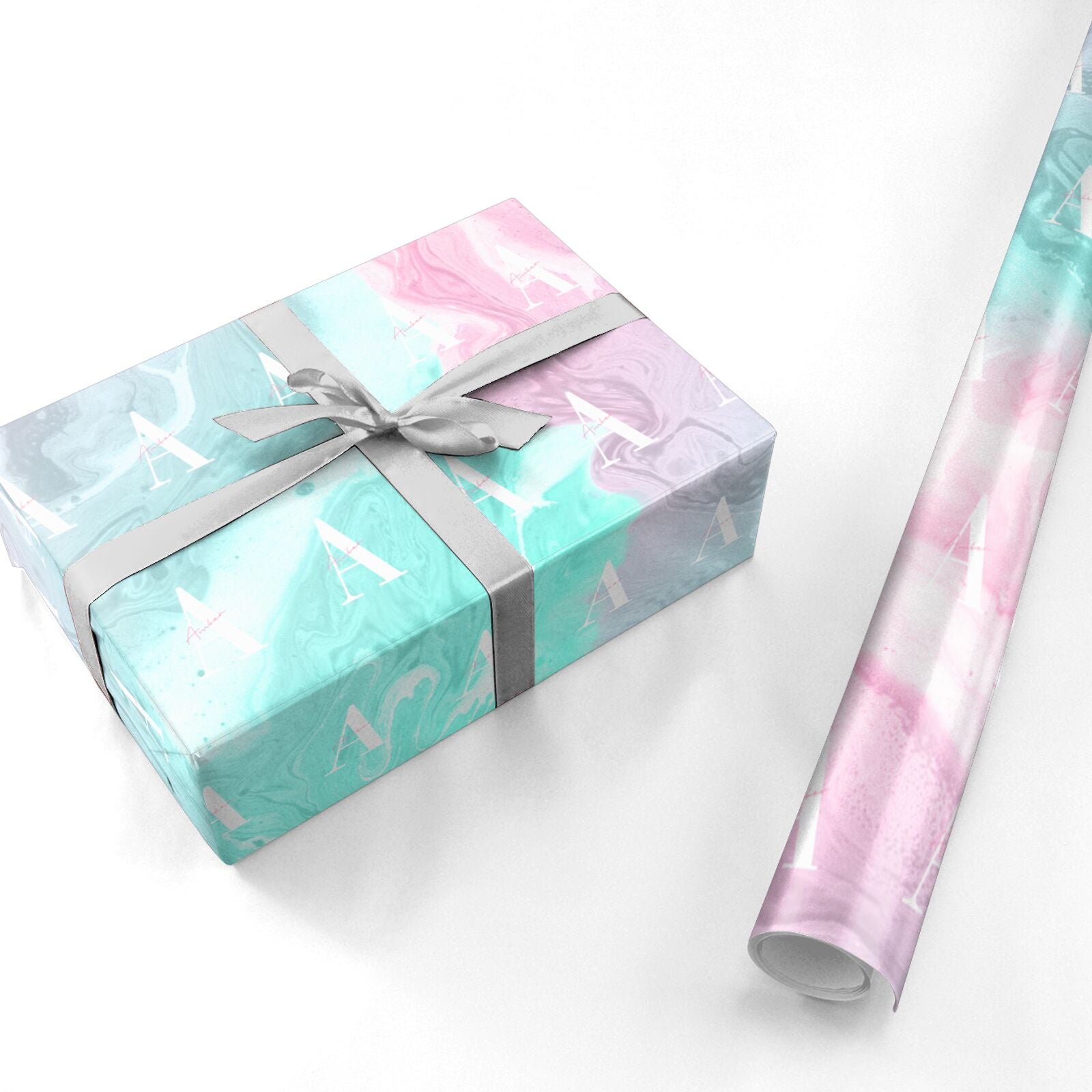 Monogrammed Pink Turquoise Pastel Marble Personalised Wrapping Paper