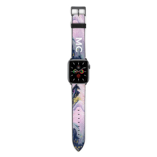 Monogrammed Purple Gold Glitter Marble Apple Watch Strap with Space Grey Hardware