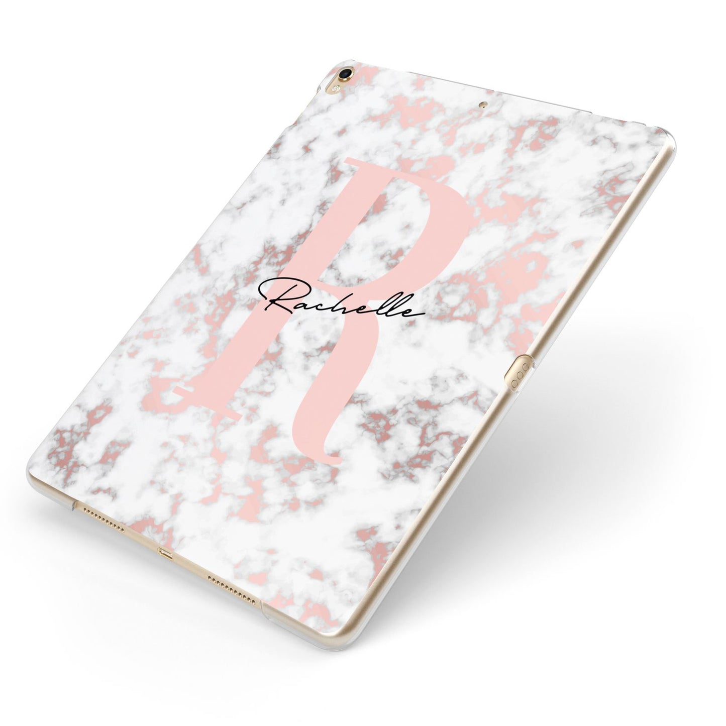 Monogrammed Rose Gold Marble Apple iPad Case on Gold iPad Side View