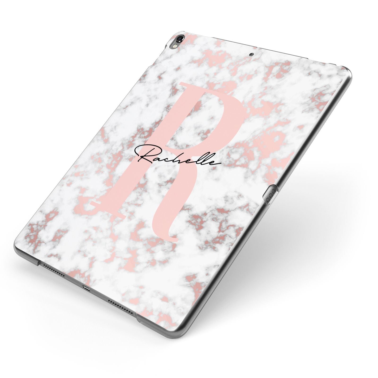 Monogrammed Rose Gold Marble Apple iPad Case on Grey iPad Side View