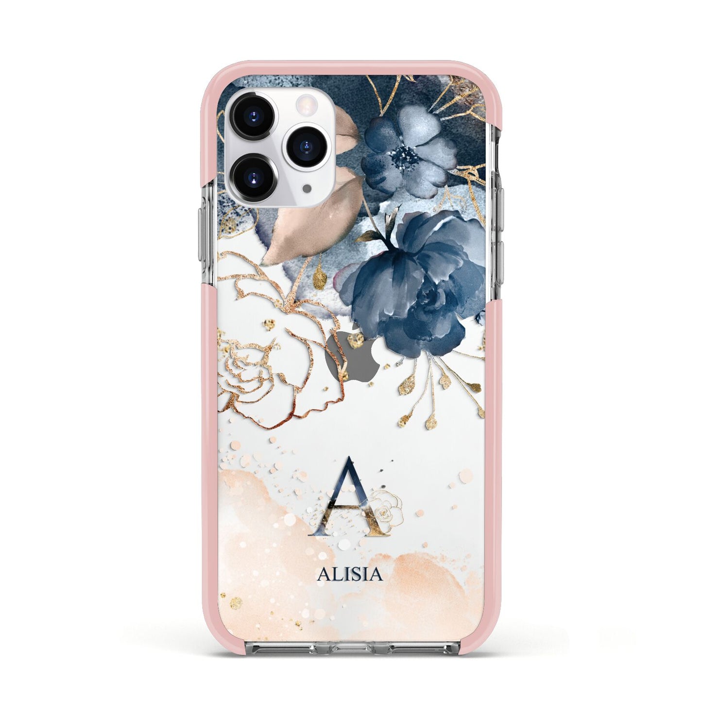 Monogrammed Watercolour Flower Elements Apple iPhone 11 Pro in Silver with Pink Impact Case