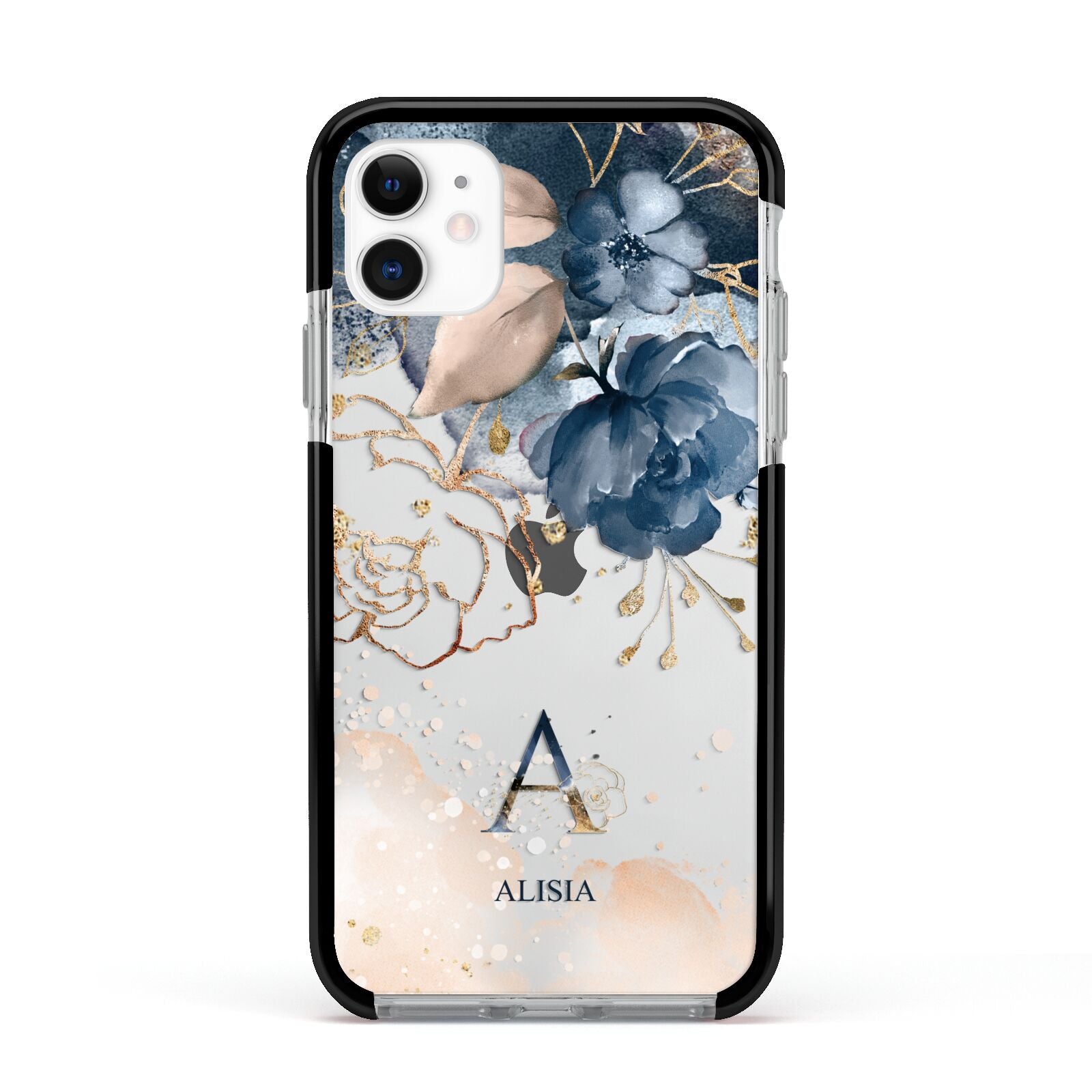 Monogrammed Watercolour Flower Elements Apple iPhone 11 in White with Black Impact Case