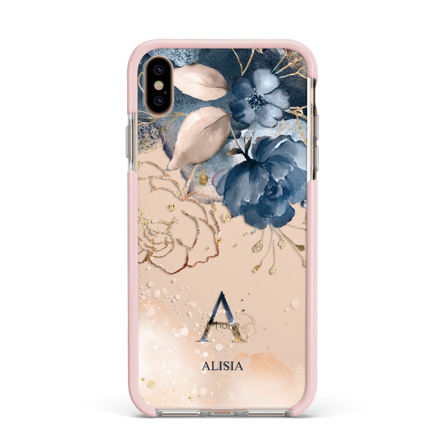 Monogrammed Watercolour Flower Elements Apple iPhone Xs Max Impact Case Pink Edge on Gold Phone