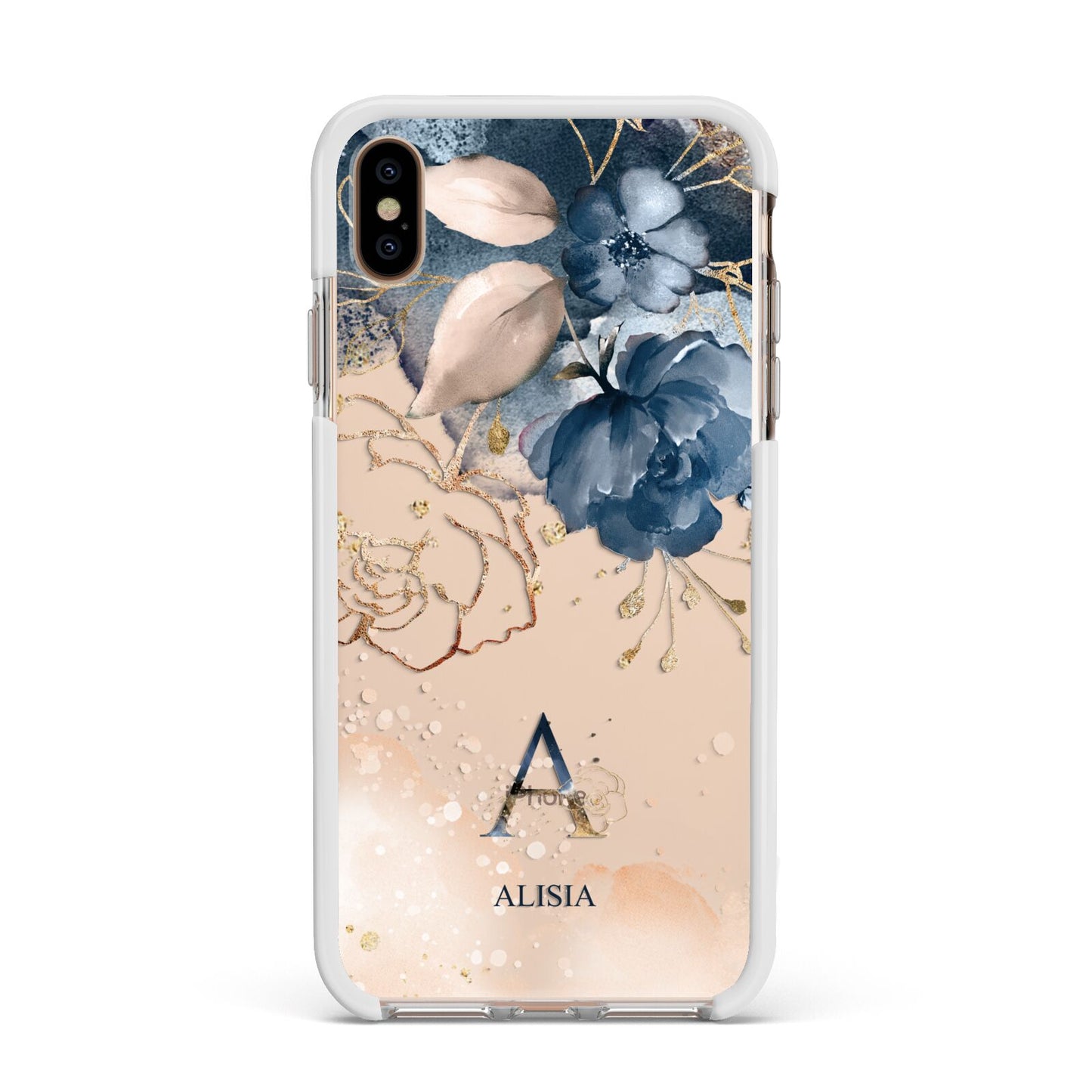 Monogrammed Watercolour Flower Elements Apple iPhone Xs Max Impact Case White Edge on Gold Phone