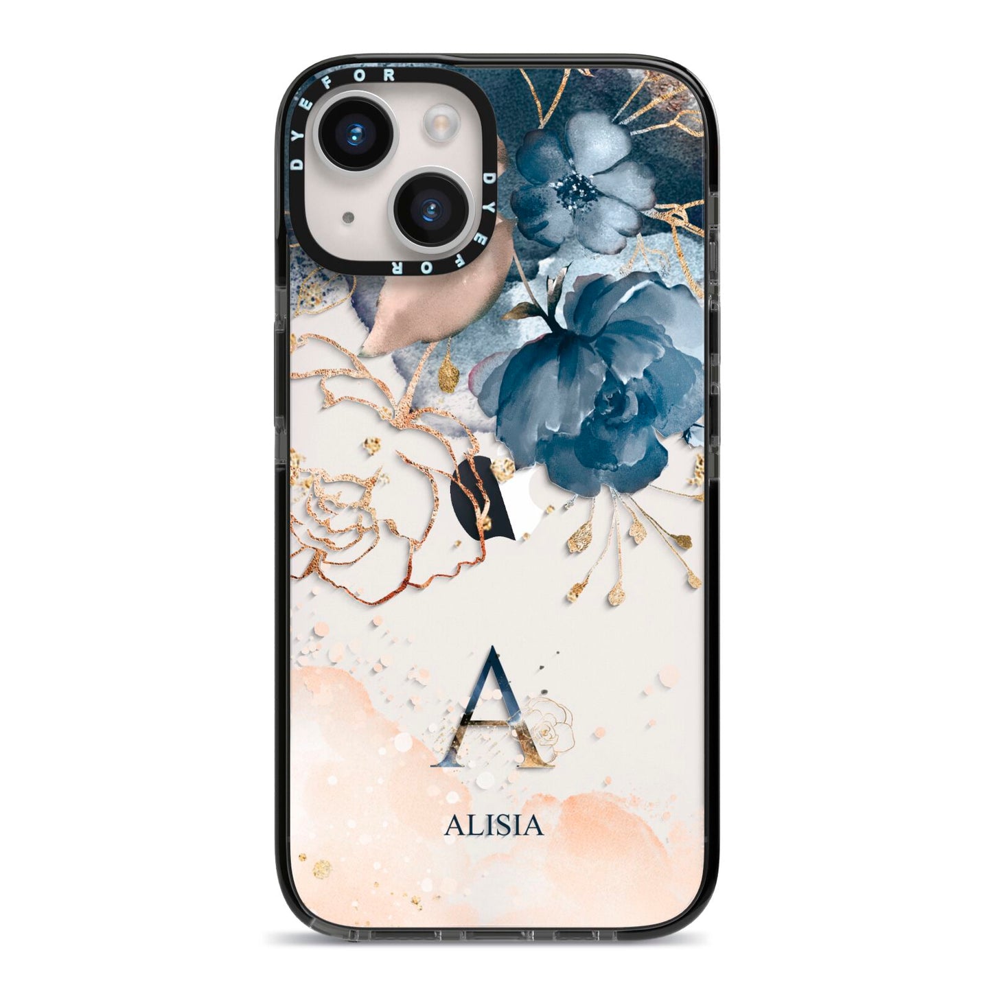 Monogrammed Watercolour Flower Elements iPhone 14 Black Impact Case on Silver phone
