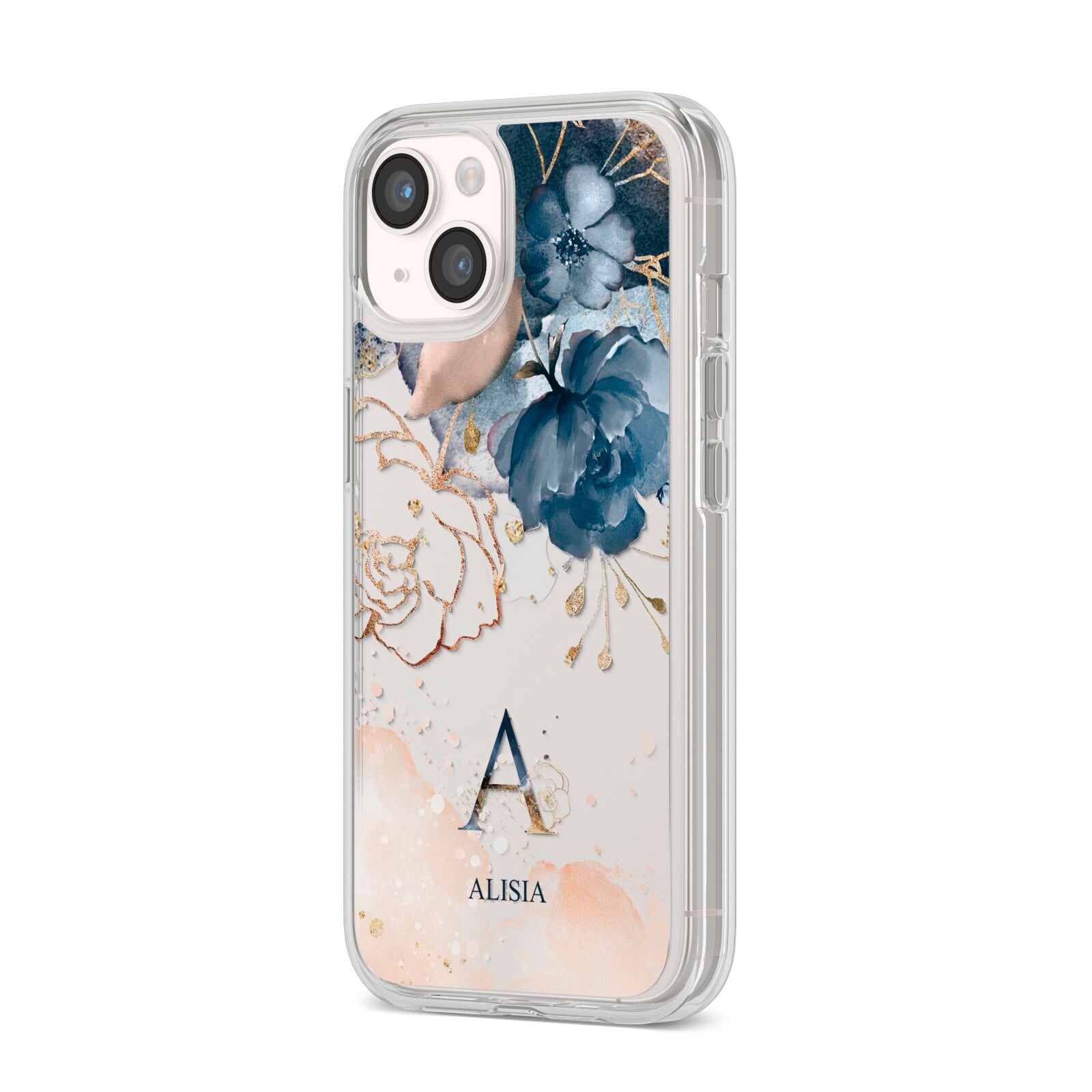 Monogrammed Watercolour Flower Elements iPhone 14 Clear Tough Case Starlight Angled Image
