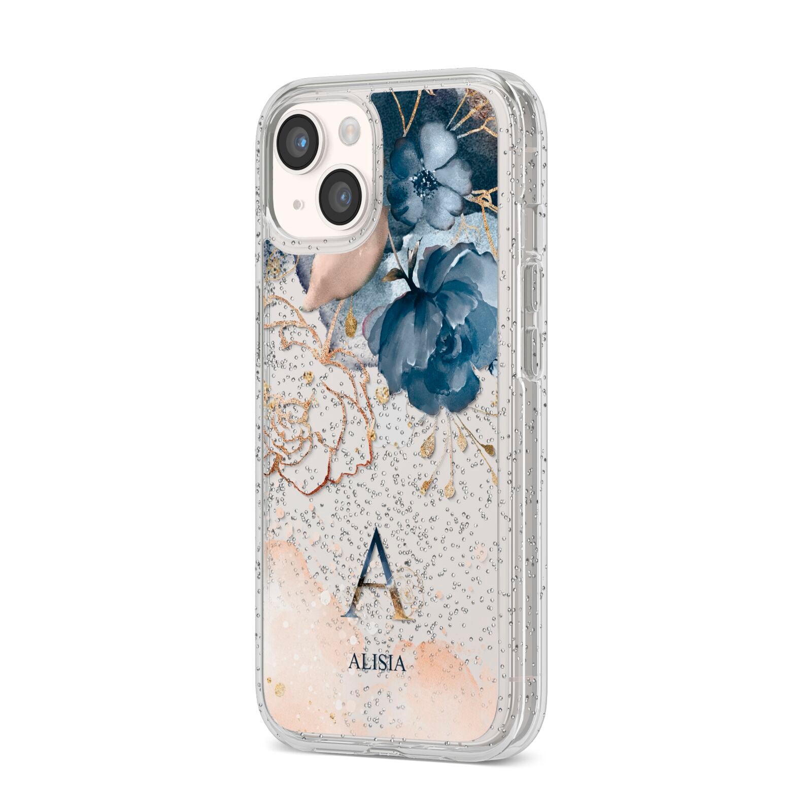 Monogrammed Watercolour Flower Elements iPhone 14 Glitter Tough Case Starlight Angled Image