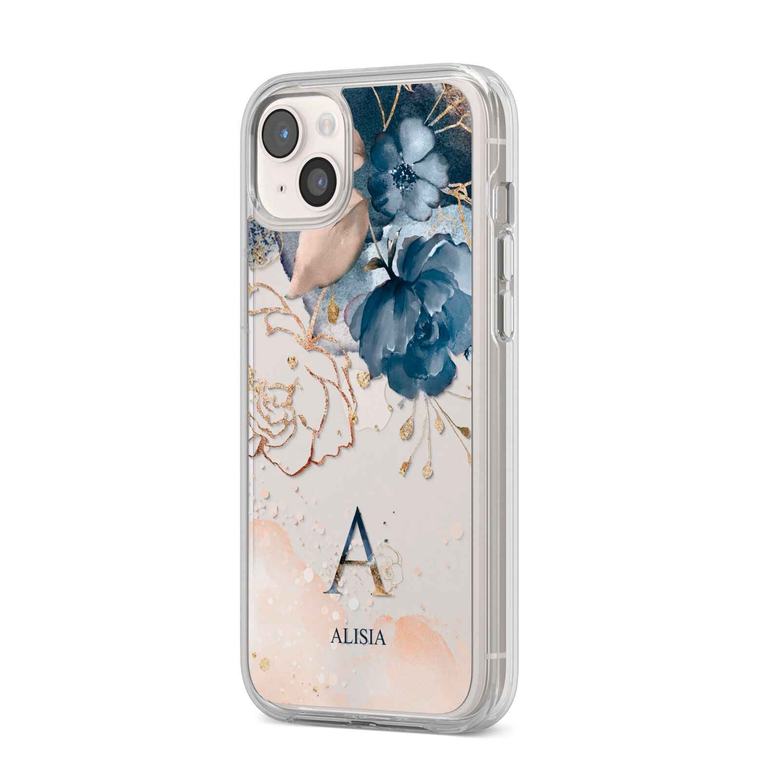 Monogrammed Watercolour Flower Elements iPhone 14 Plus Clear Tough Case Starlight Angled Image