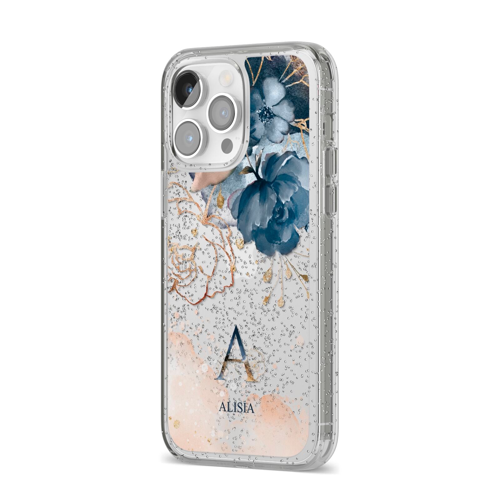 Monogrammed Watercolour Flower Elements iPhone 14 Pro Max Glitter Tough Case Silver Angled Image