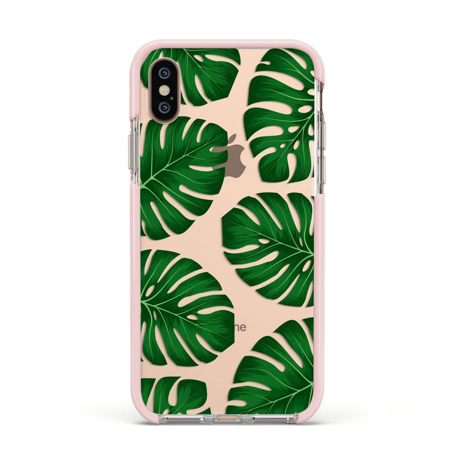Monstera Leaf Apple iPhone Xs Impact Case Pink Edge on Gold Phone