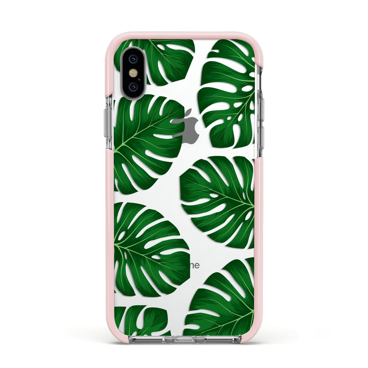 Monstera Leaf Apple iPhone Xs Impact Case Pink Edge on Silver Phone