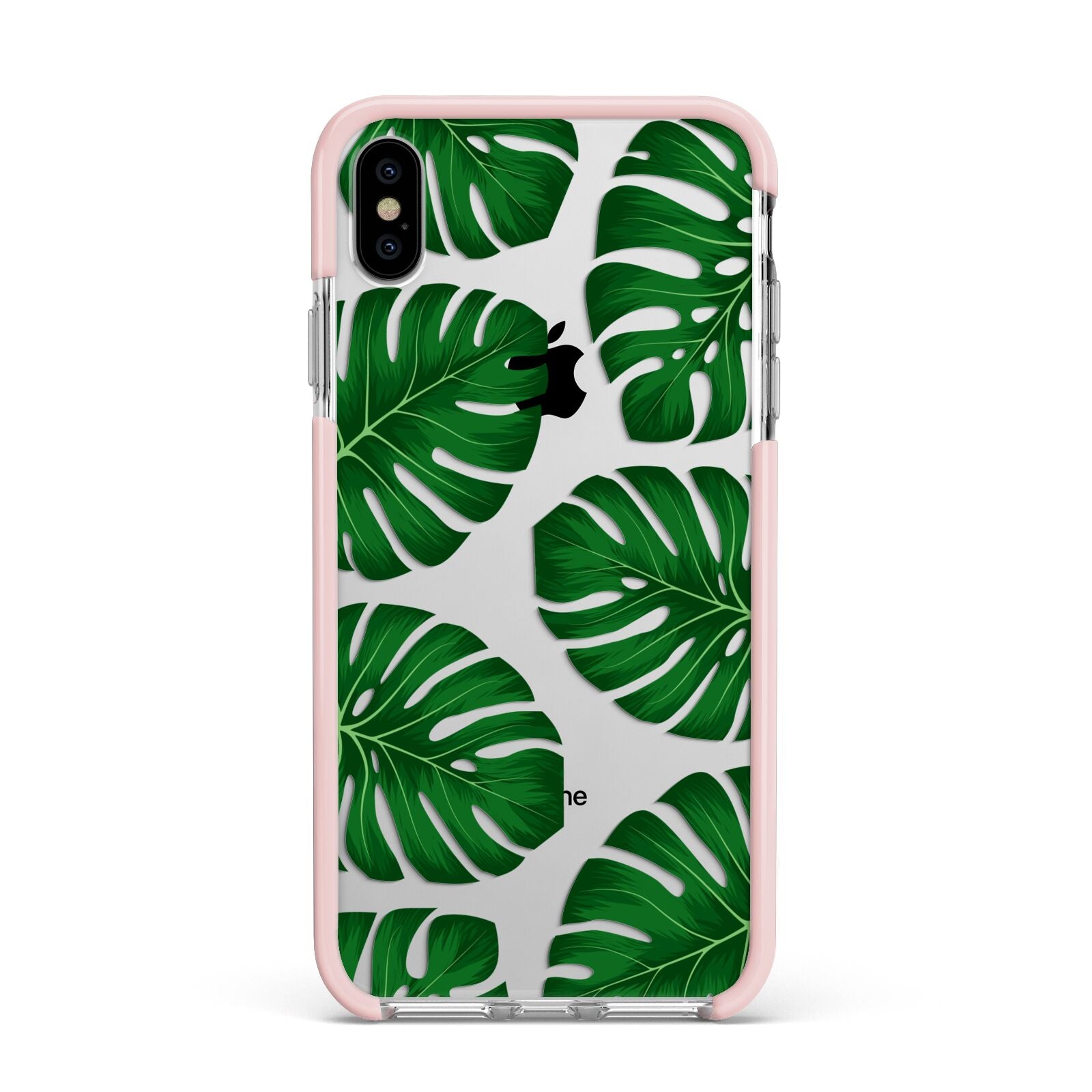 Monstera Leaf Apple iPhone Xs Max Impact Case Pink Edge on Silver Phone