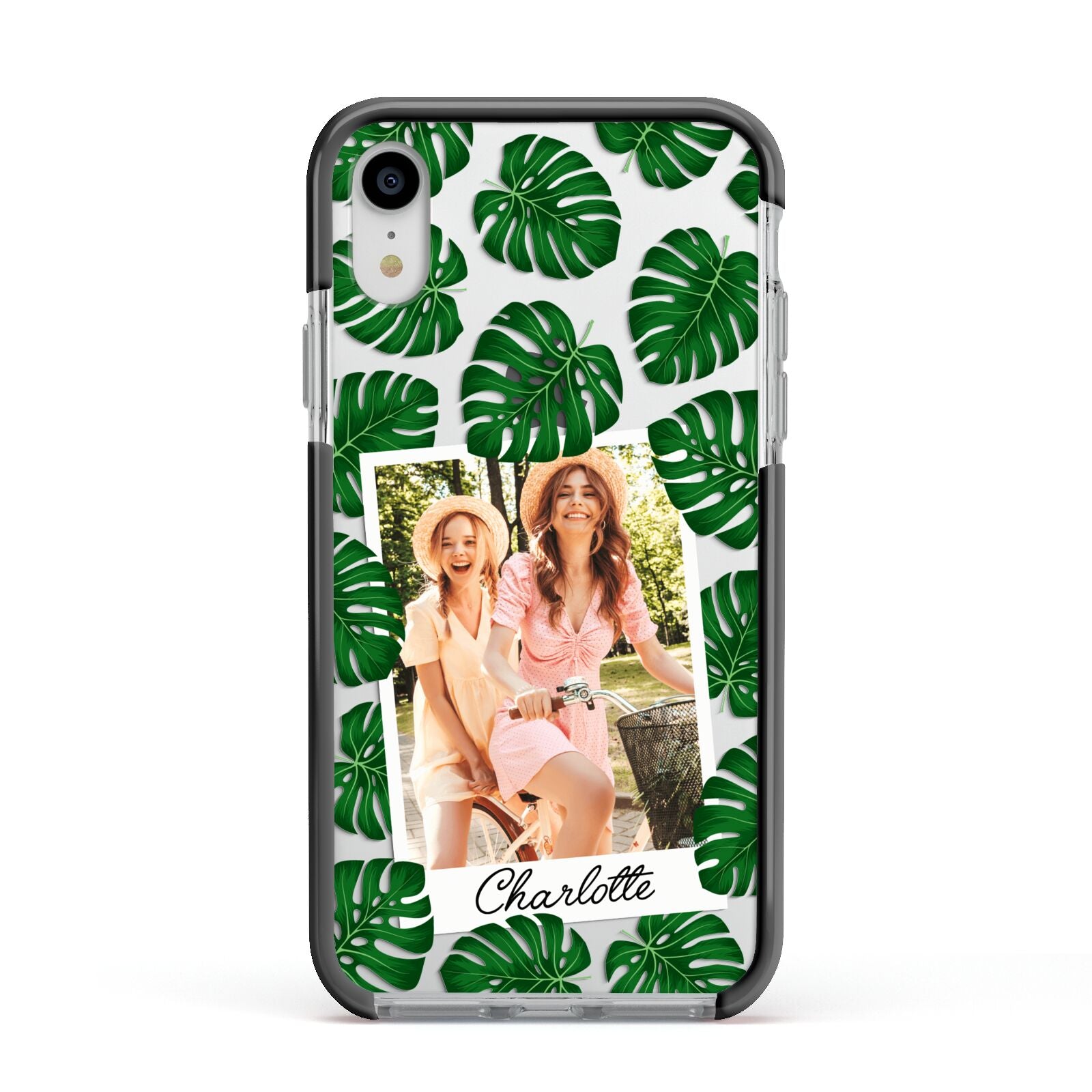 Monstera Leaf Instant Photo Apple iPhone XR Impact Case Black Edge on Silver Phone