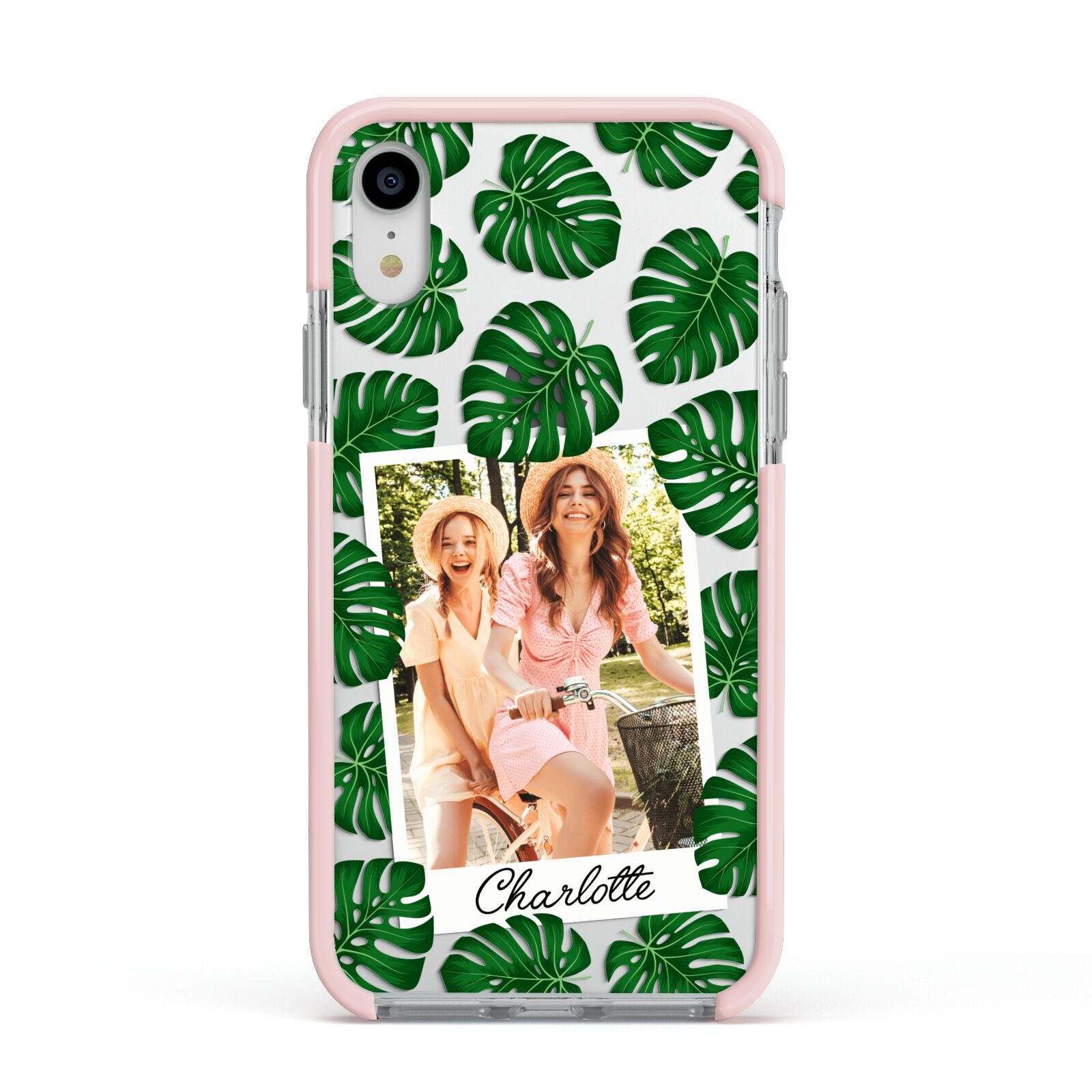 Monstera Leaf Instant Photo Apple iPhone XR Impact Case Pink Edge on Silver Phone