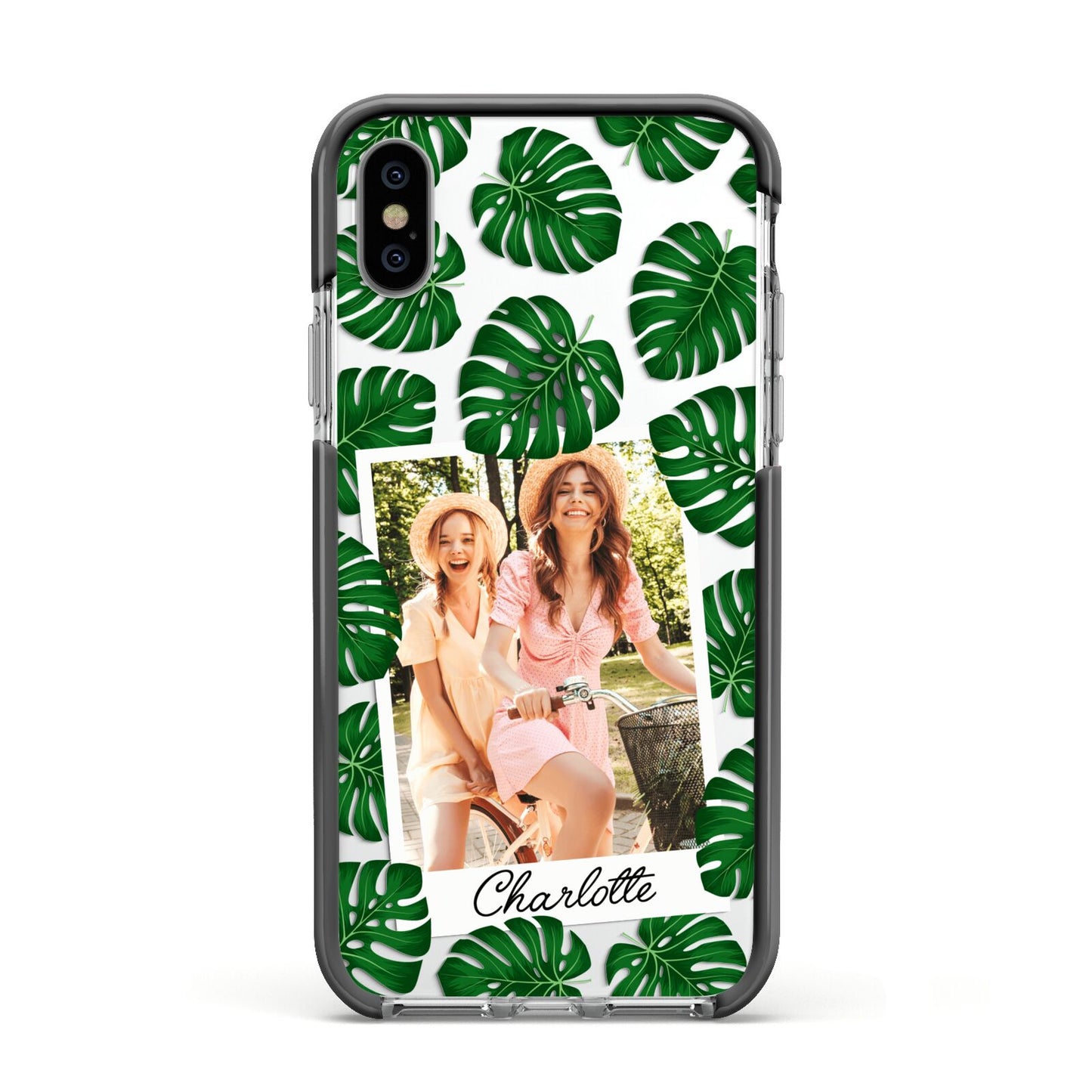 Monstera Leaf Instant Photo Apple iPhone Xs Impact Case Black Edge on Silver Phone