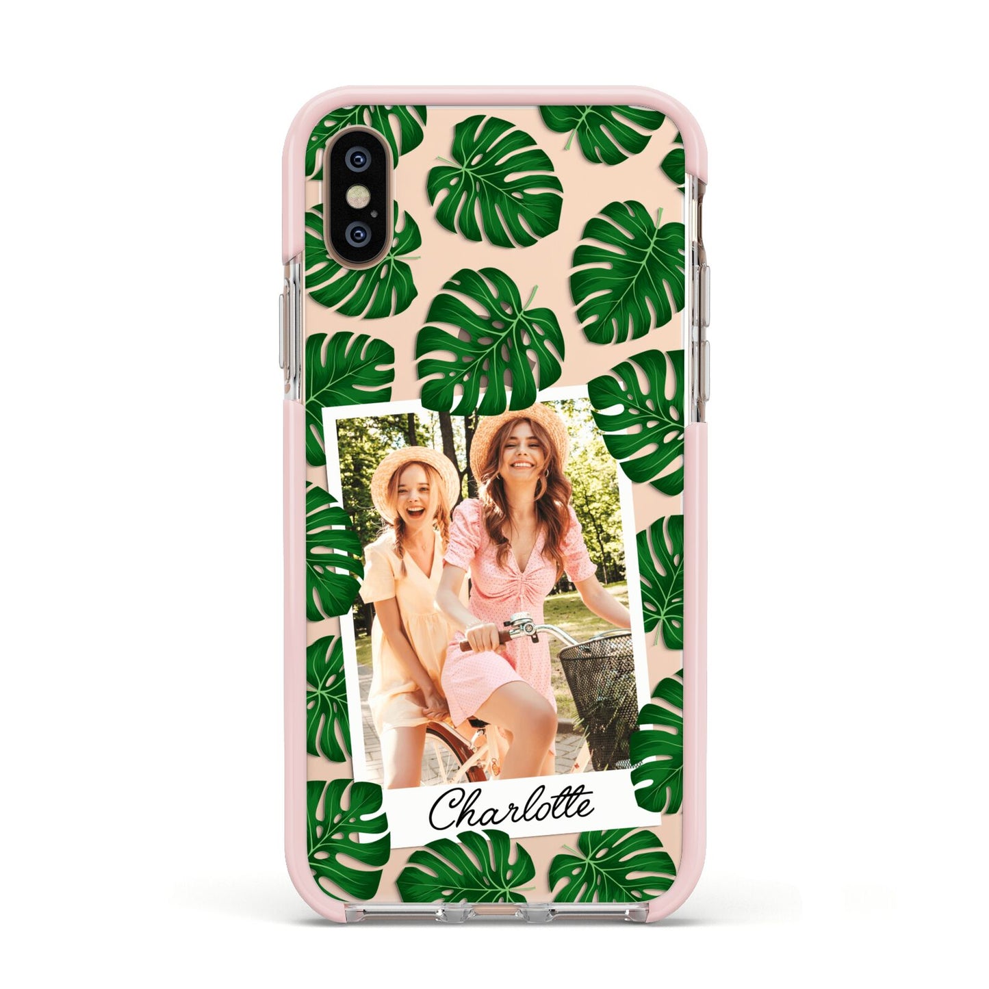 Monstera Leaf Instant Photo Apple iPhone Xs Impact Case Pink Edge on Gold Phone
