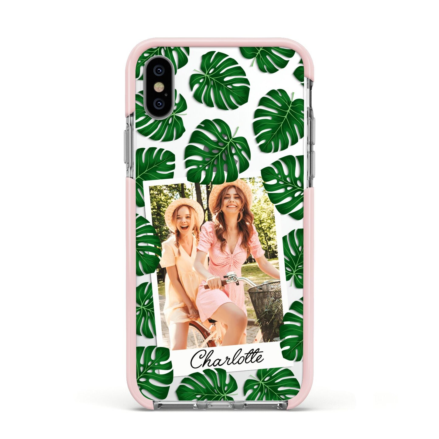 Monstera Leaf Instant Photo Apple iPhone Xs Impact Case Pink Edge on Silver Phone