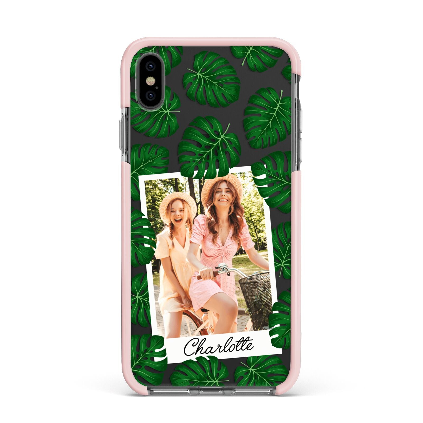 Monstera Leaf Instant Photo Apple iPhone Xs Max Impact Case Pink Edge on Black Phone