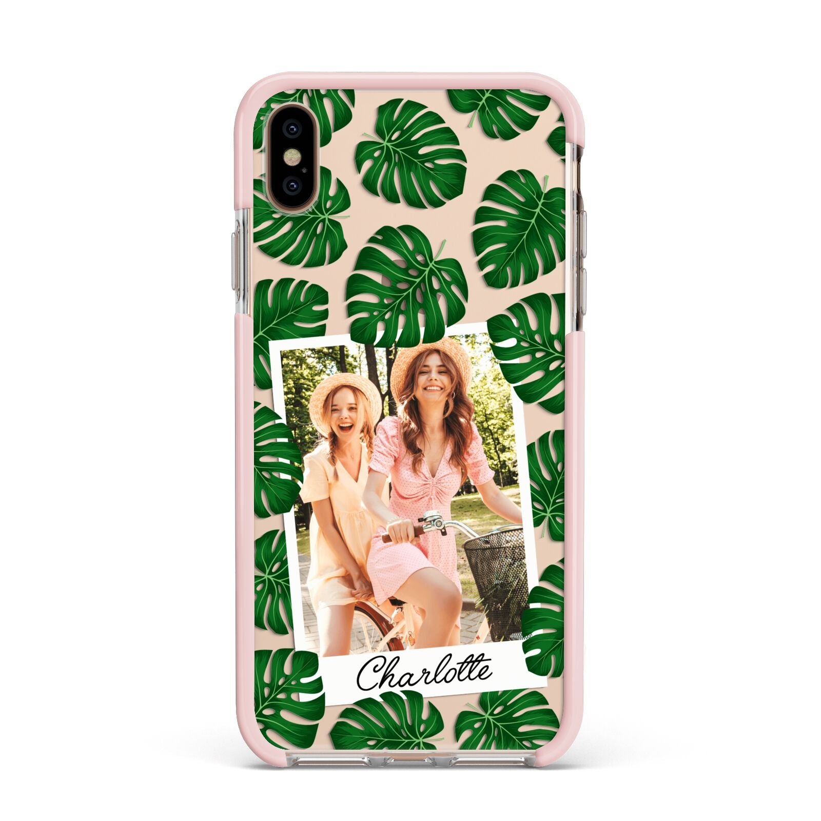 Monstera Leaf Instant Photo Apple iPhone Xs Max Impact Case Pink Edge on Gold Phone
