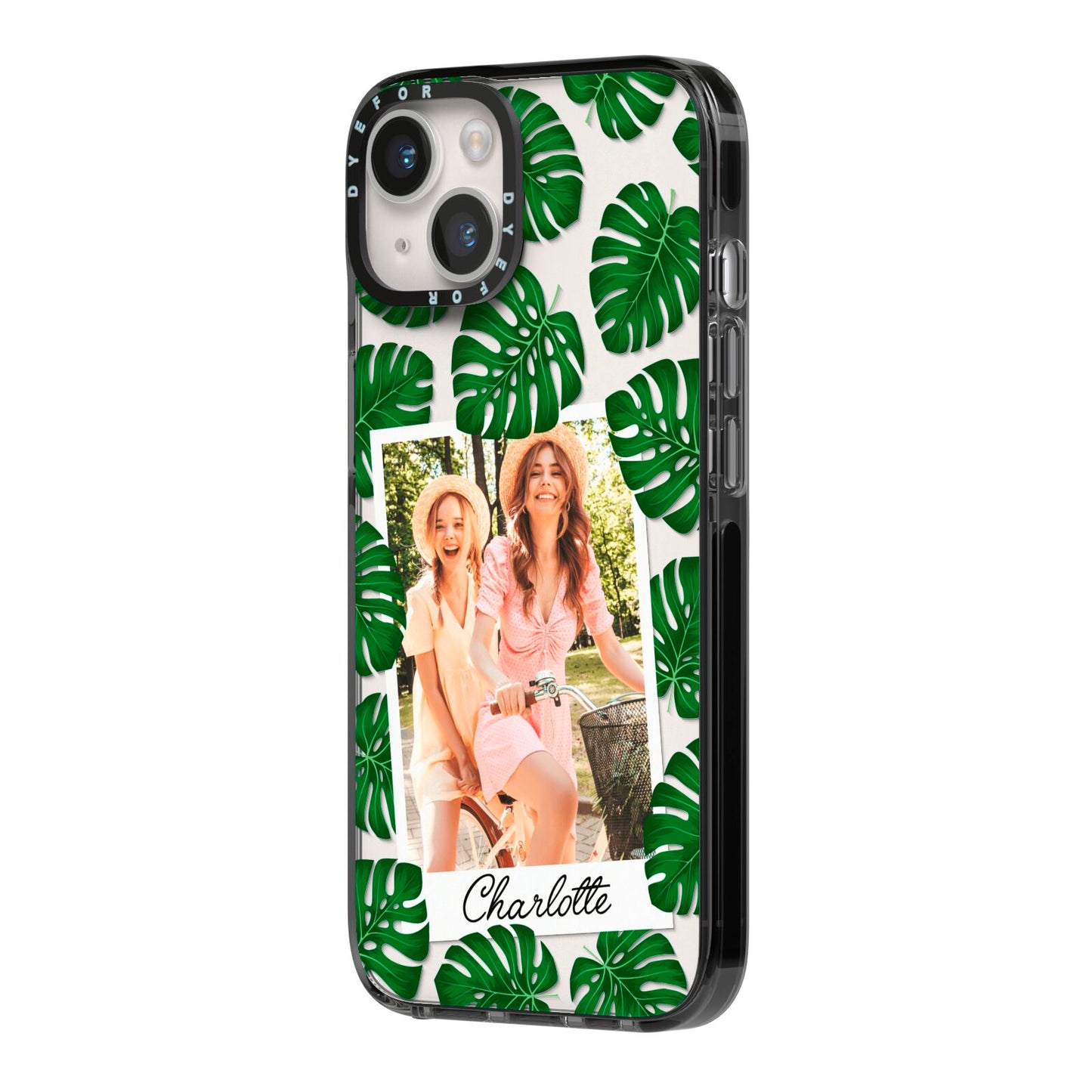 Monstera Leaf Instant Photo iPhone 14 Black Impact Case Side Angle on Silver phone