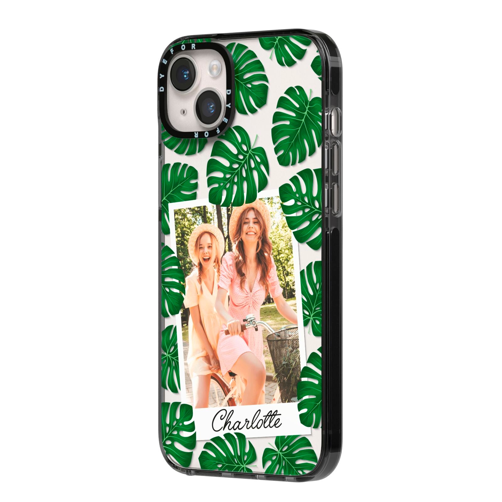 Monstera Leaf Instant Photo iPhone 14 Plus Black Impact Case Side Angle on Silver phone
