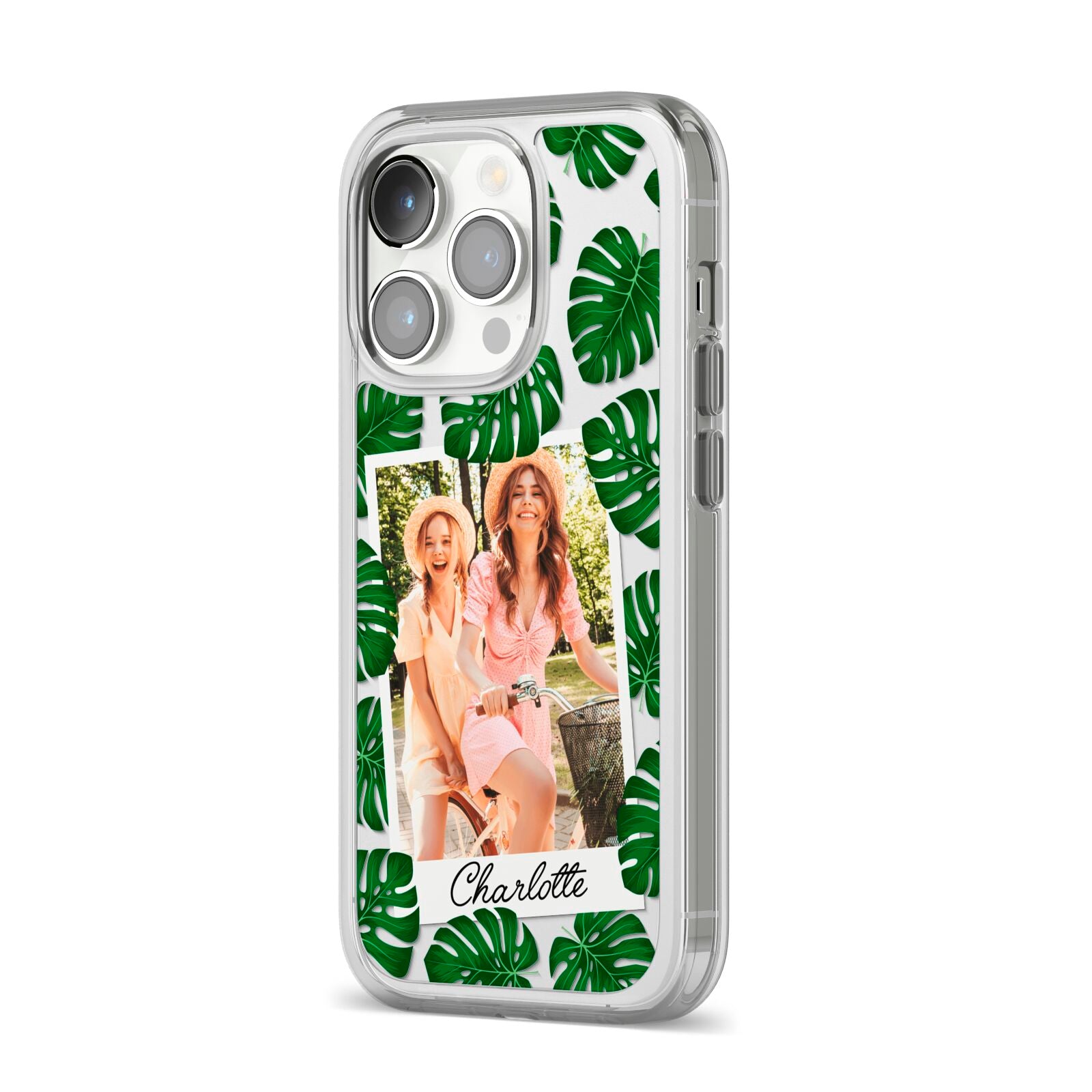 Monstera Leaf Instant Photo iPhone 14 Pro Clear Tough Case Silver Angled Image