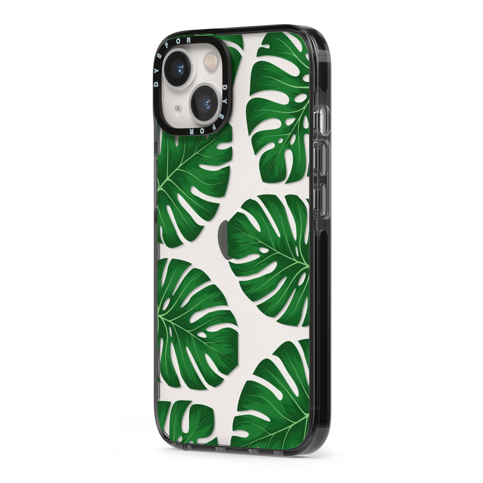 Monstera Leaf iPhone 13 Black Impact Case Side Angle on Silver phone