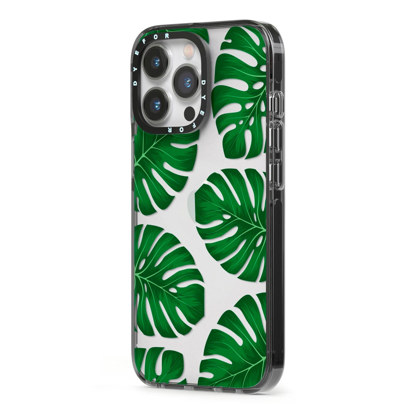 Monstera Leaf iPhone 13 Pro Black Impact Case Side Angle on Silver phone