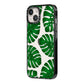 Monstera Leaf iPhone 14 Black Impact Case Side Angle on Silver phone