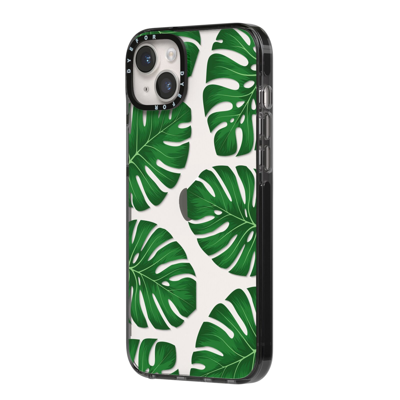 Monstera Leaf iPhone 14 Plus Black Impact Case Side Angle on Silver phone