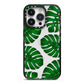 Monstera Leaf iPhone 14 Pro Black Impact Case on Silver phone
