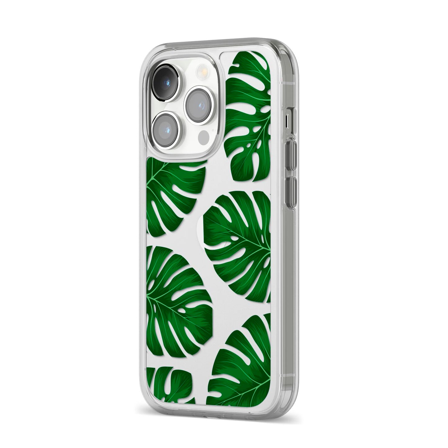 Monstera Leaf iPhone 14 Pro Clear Tough Case Silver Angled Image