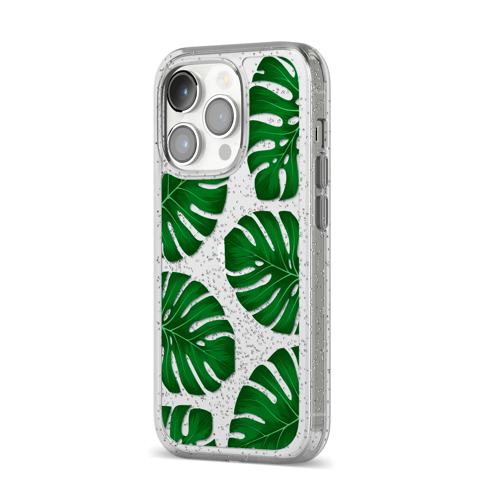 Monstera Leaf iPhone 14 Pro Glitter Tough Case Silver Angled Image