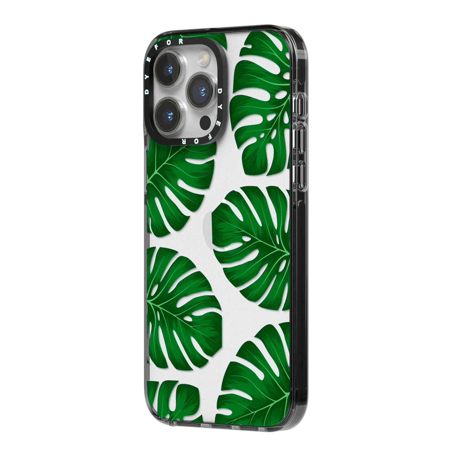 Monstera Leaf iPhone 14 Pro Max Black Impact Case Side Angle on Silver phone
