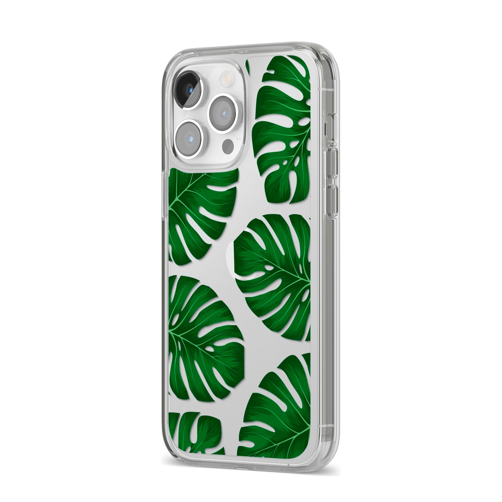 Monstera Leaf iPhone 14 Pro Max Clear Tough Case Silver Angled Image