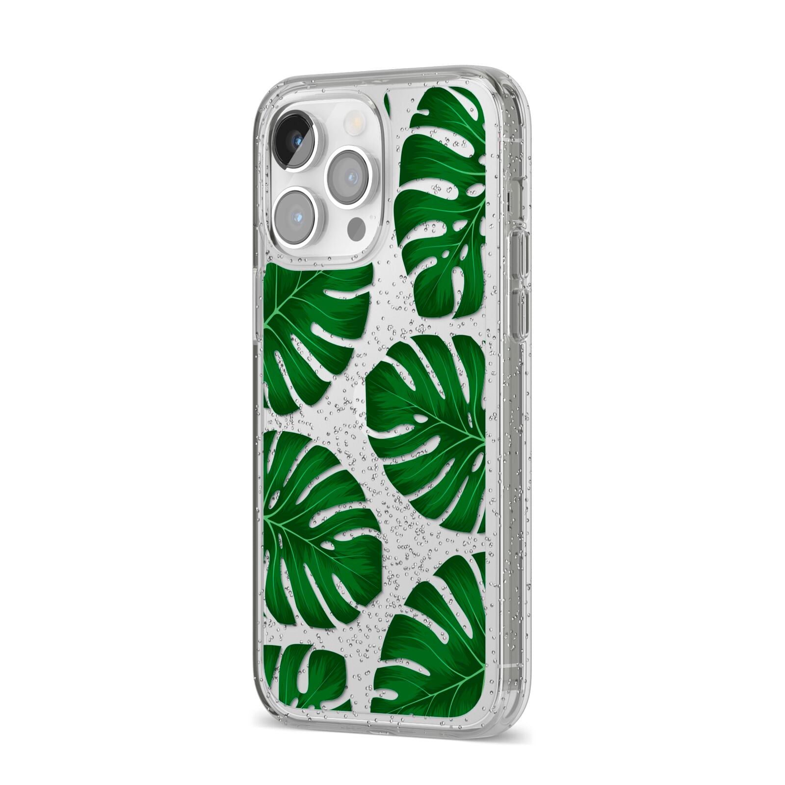 Monstera Leaf iPhone 14 Pro Max Glitter Tough Case Silver Angled Image
