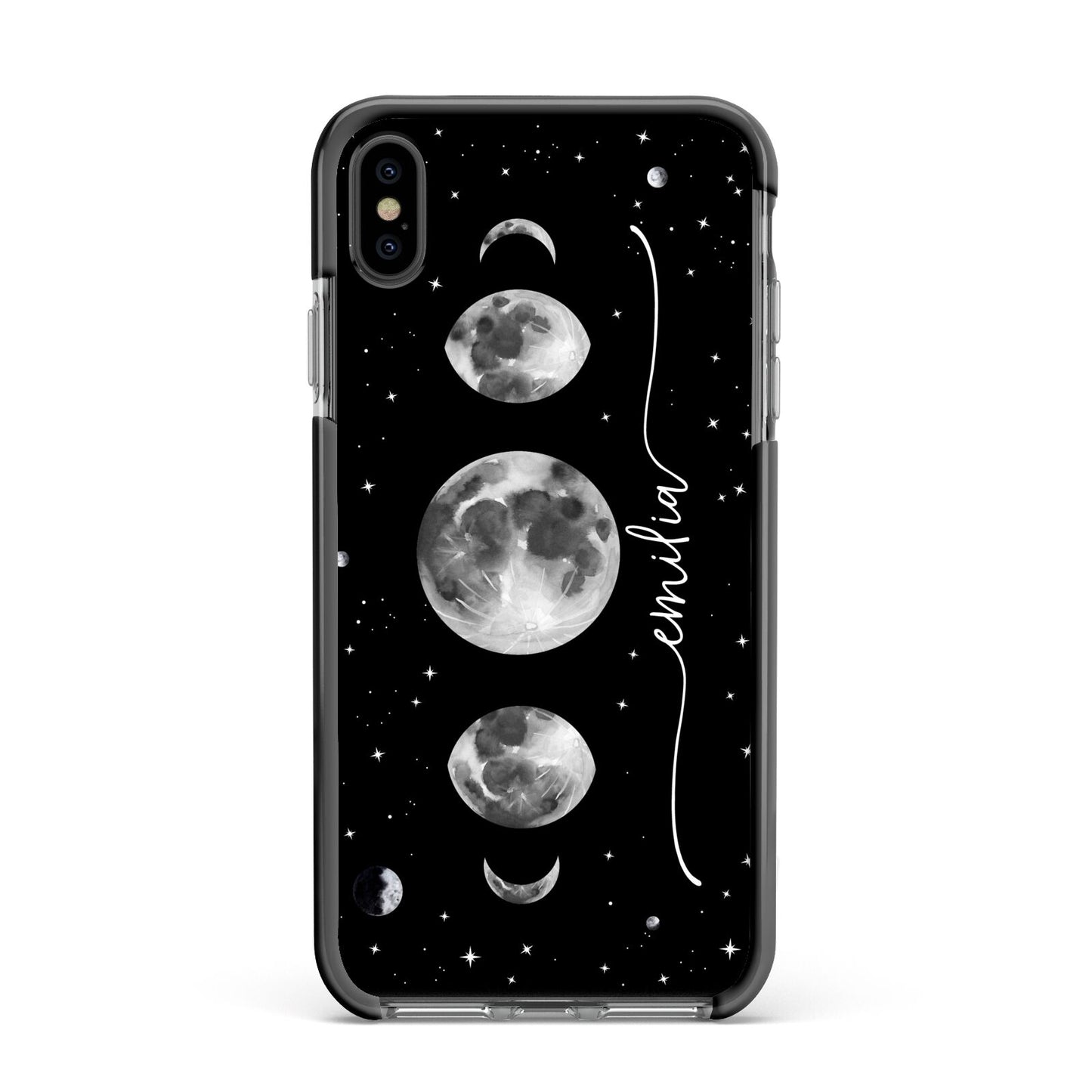 Moon Phases Personalised Name Apple iPhone Xs Max Impact Case Black Edge on Black Phone